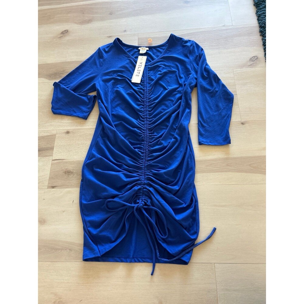 Velvet Ruched Drawstring V-Neck Long Sleeve Mini Dress